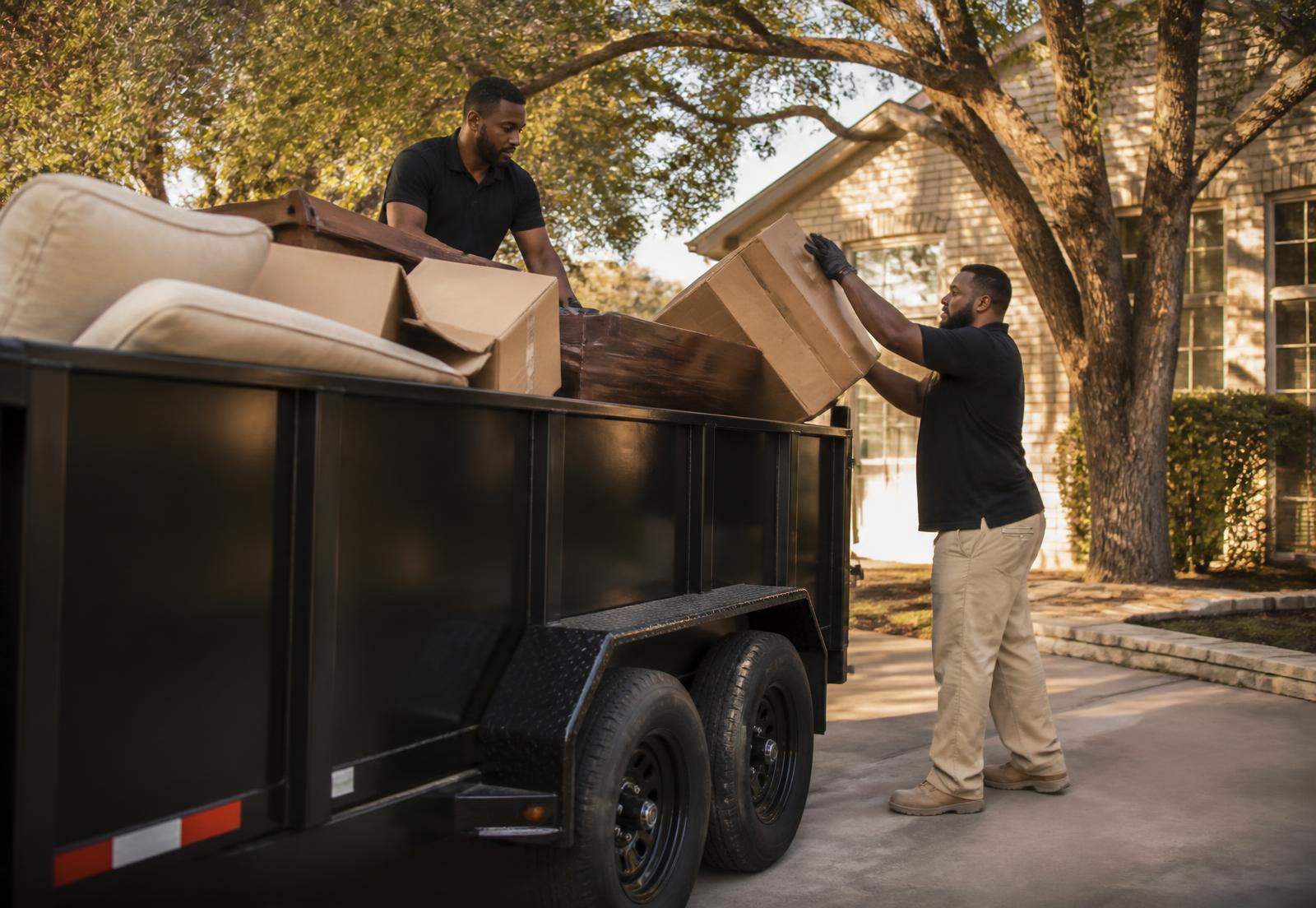 Hankins Hauling crew loading old furniture into a dump trailer
